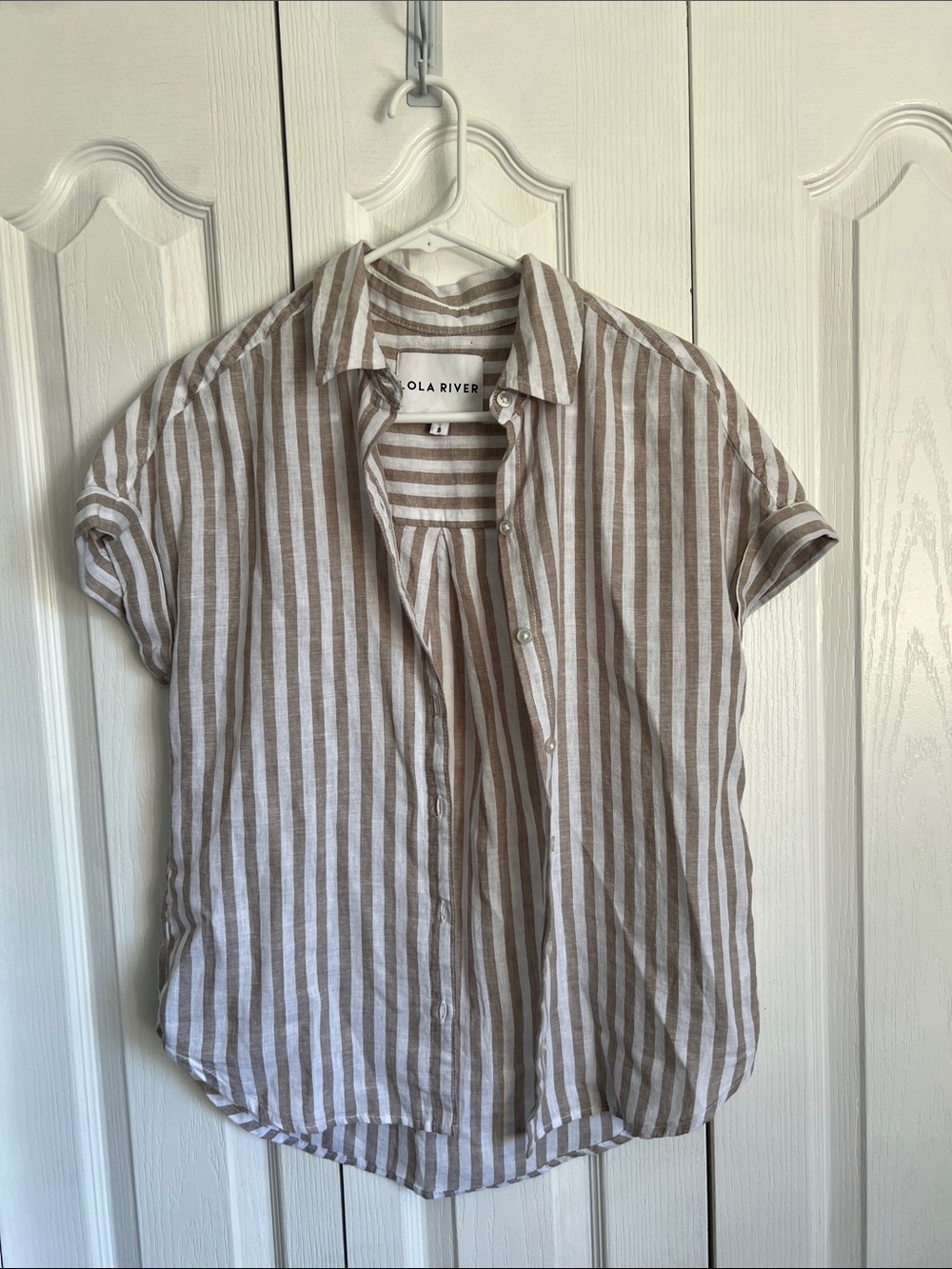 Lola River Taupe & White Striped Linen Short Sleeve Button-Down Shirt